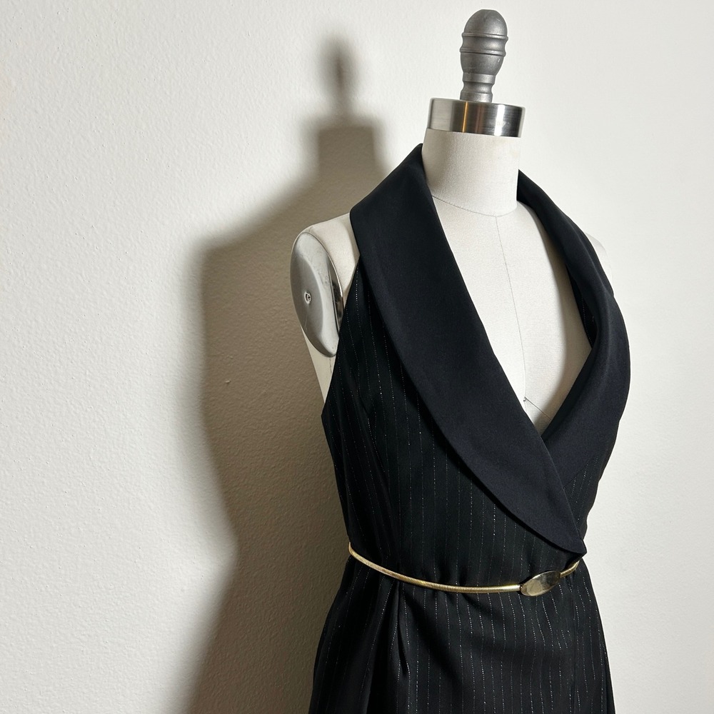 Anthropologie Black Pinstripe Halter Tuxedo Wrap Midi Dress Women XXS NWT